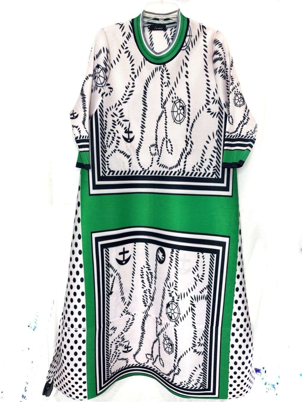 N By Nancy Exclusive Nautical Map Plissé Pleated Midi Dress Green & Polka Dot XL